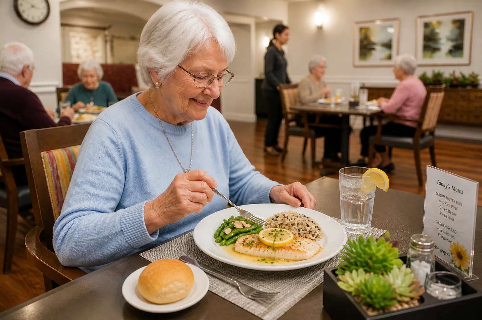 Bear Creek resident enjoying a freshly prepared dinner in the dining room.