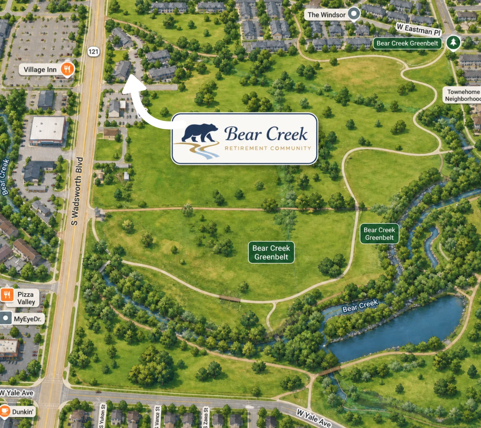 Neighborhood map showing Bear Creek Retirement Community beside S Wadsworth Blvd and Bear Creek Greenbelt.